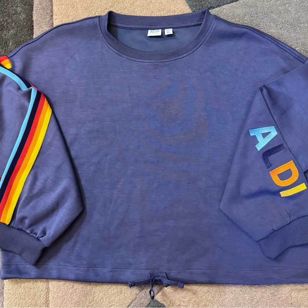 Aldi Gear Blue Sweatshirt XL Rainbow Stripe Sleeve Logo Pullover